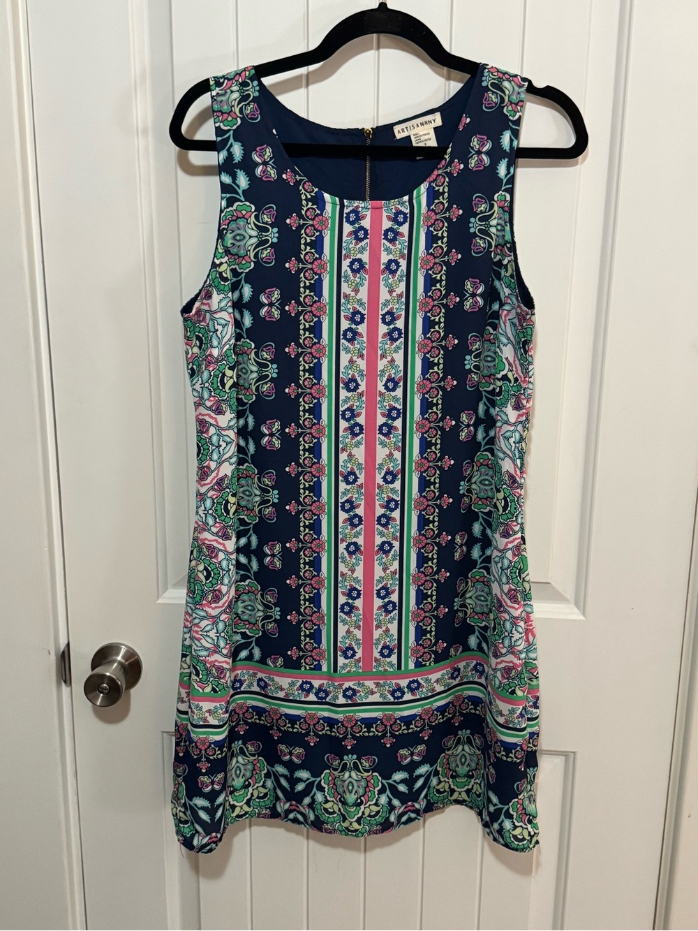 Artisan Navy Floral Sleeveless Shift Dress with Pink & Green Accents